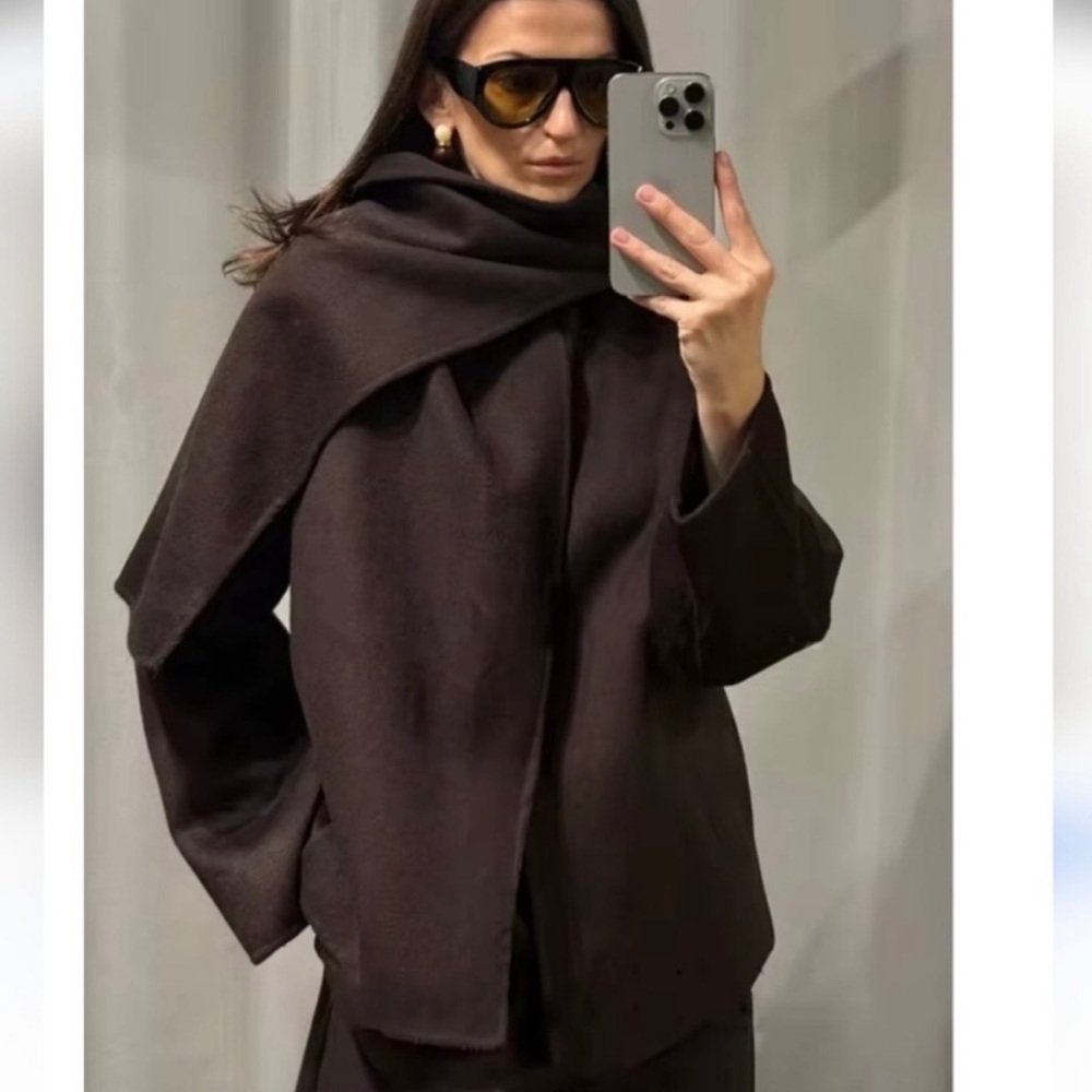 ZARA BROWN WOOL BLEND SHORT COAT WITH DETACHABLE SCARF - WRAP CAPE JACKET